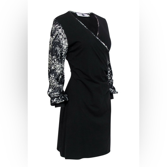 🪽Anne Fontaine - Silk Black Long Sleeve Ruched Dress w/ Spotted Print Trim - Picture 7 of 8